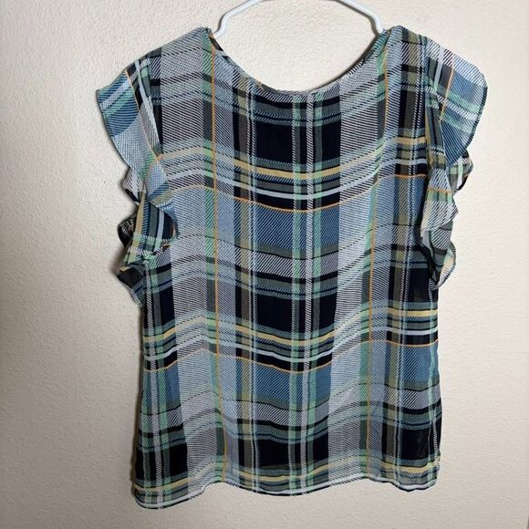 Vince Camuto Blouse Women's XS Plaid Sheer Ruffle Casual Round Neck Top - Picture 4 of 8
